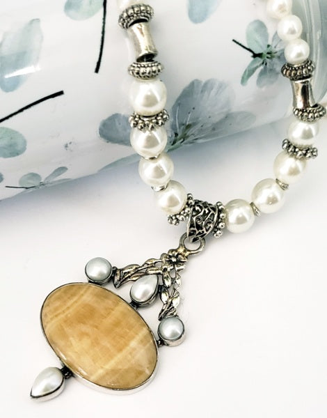 Yellow Jasper and fresh water pearl Necklace for women