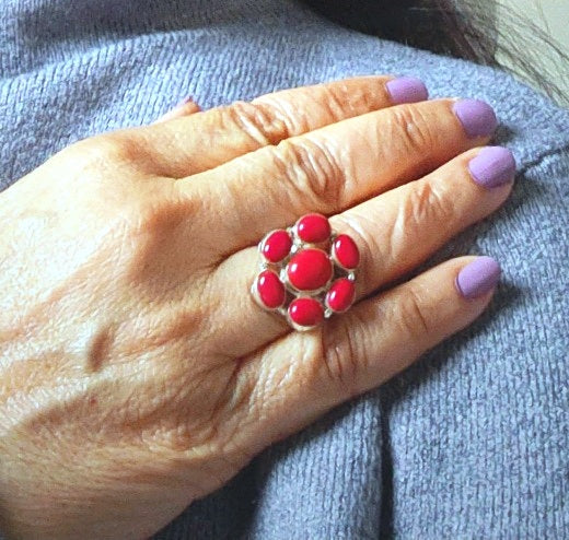 Red Coral silver Gemstone Ring for Women