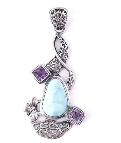 Larimar & Amethyst sterling silver blue gemstone pendant