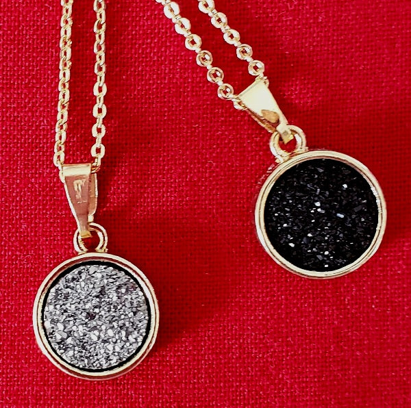 Gold plated Black & Gray Druzy Pendant Necklace