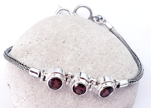 Garnet silver Bali bracelet, Red Garnet Gemstone Bracelet