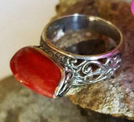 Red Coral sterling silver ring for women