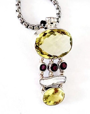Lemon Quartz Gemstone Pedant, Multi stones silver pendant